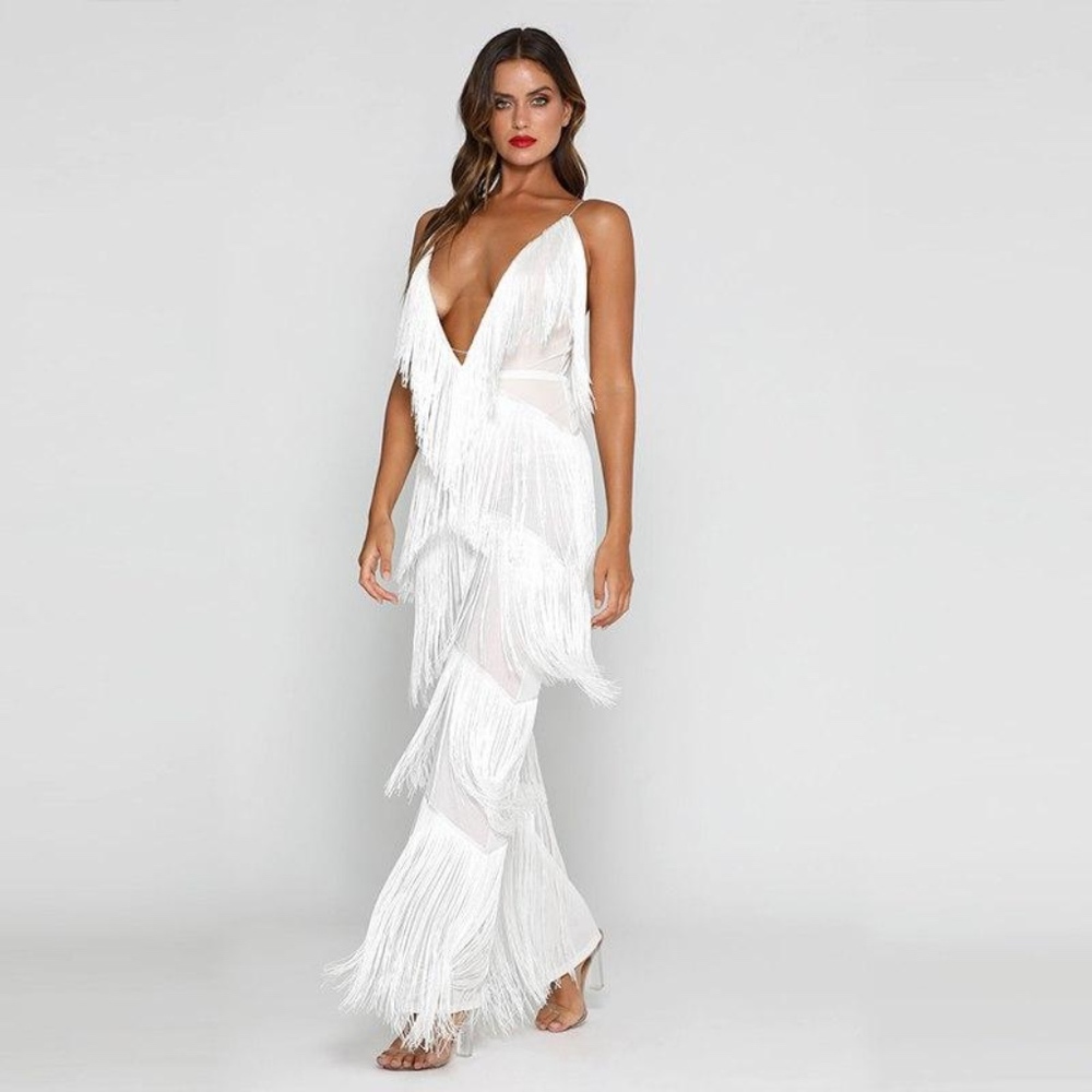 White Tassel  Fringe Jumpsuit Deep V Neck